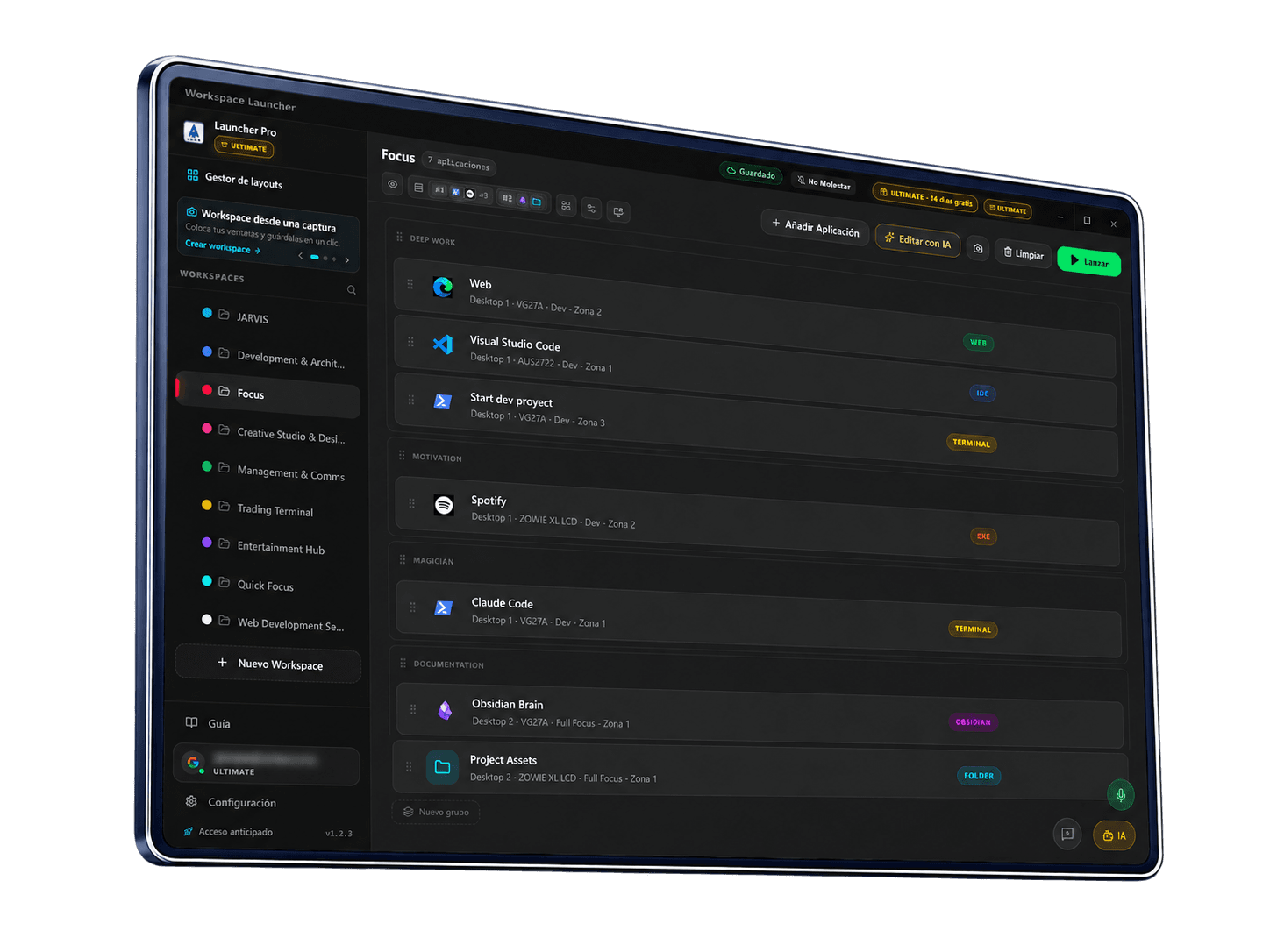 Pantalla principal de Workspace Launcher con la lista de workspaces y aplicaciones.
